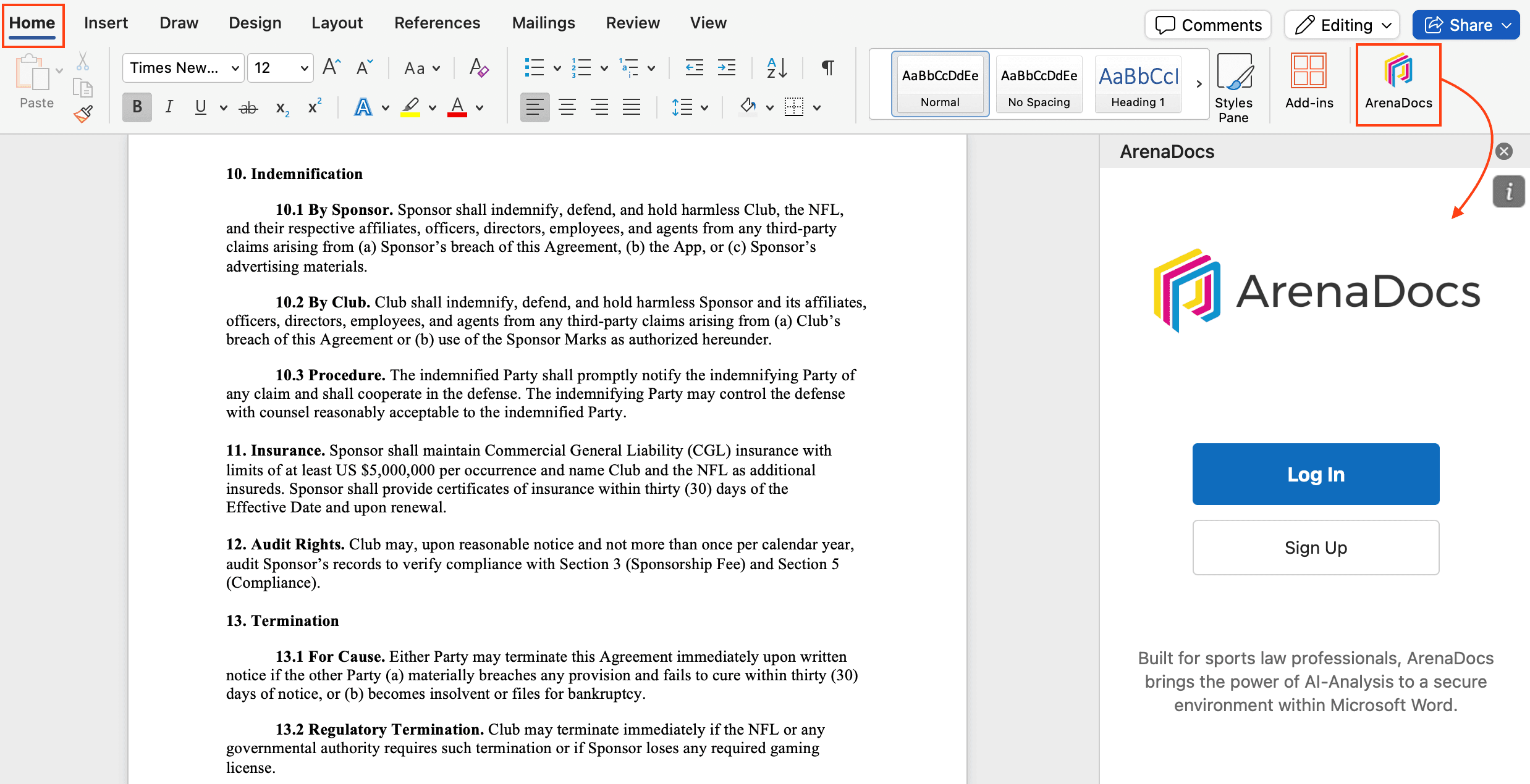 Opening ArenaDocs from the Home tab