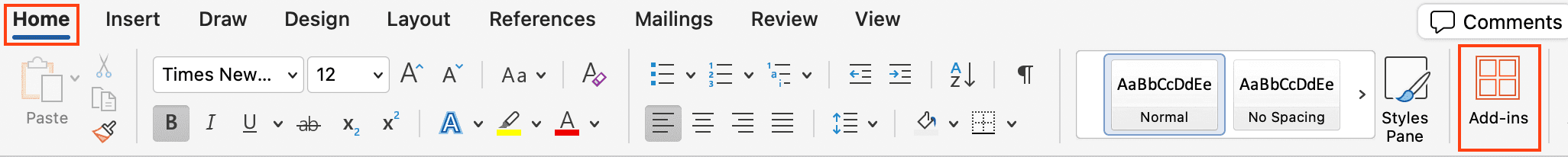 Microsoft Word ribbon showing Add-ins button