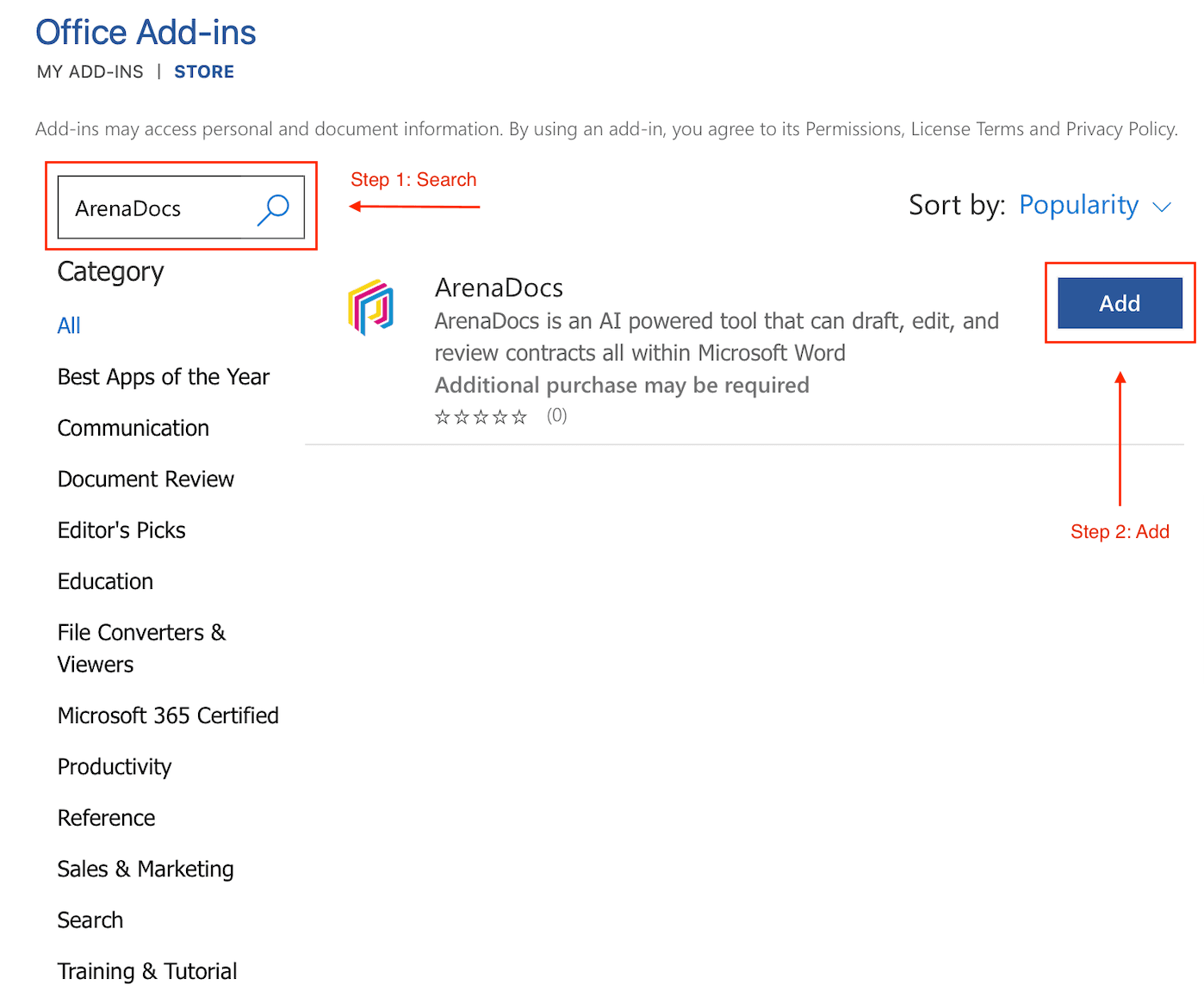 Searching for ArenaDocs in Office Add-ins store